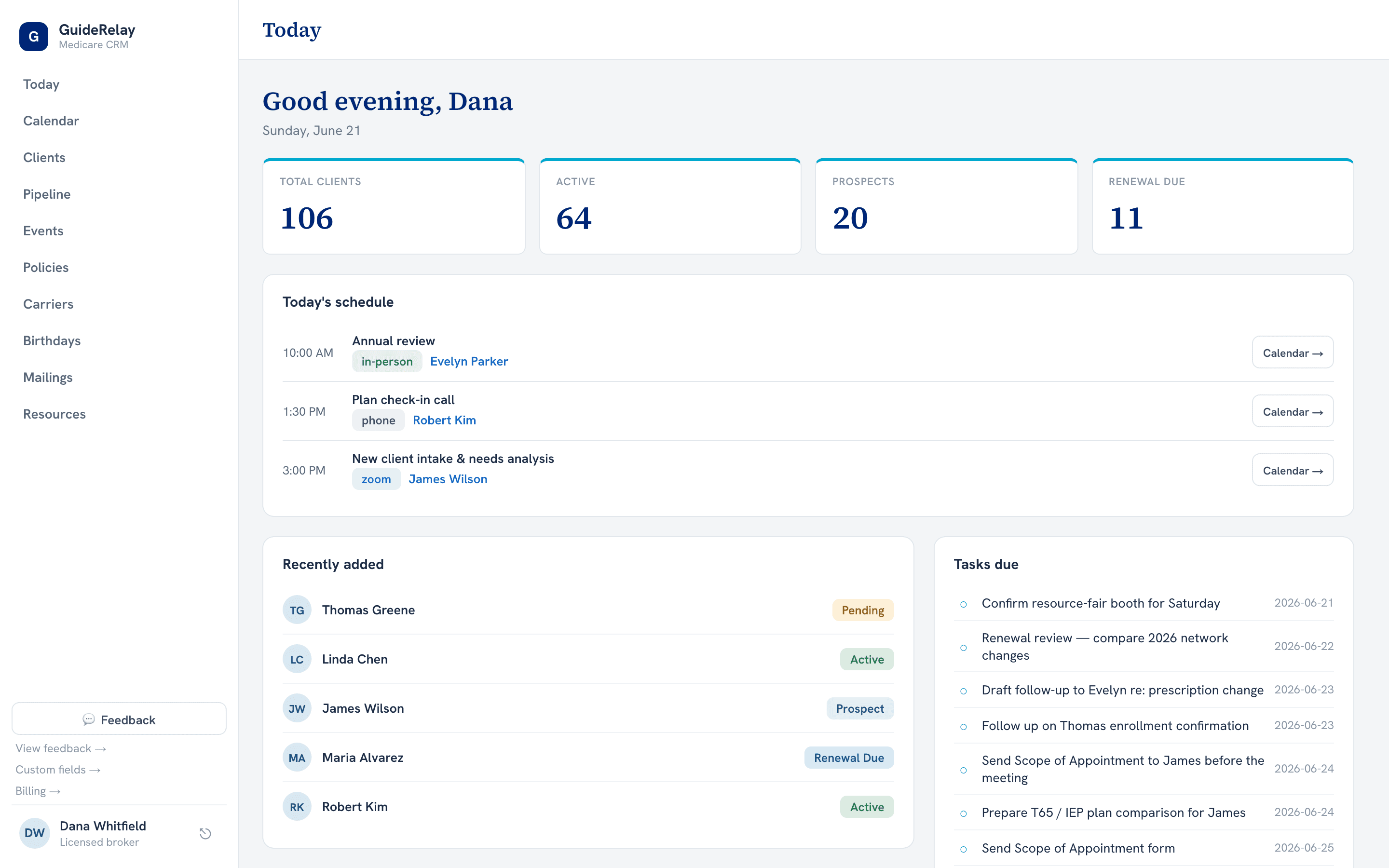 GuideRelay's Today command center: total clients, active, prospects and renewals-due stat cards, today's appointment schedule, recently added clients, and tasks due.