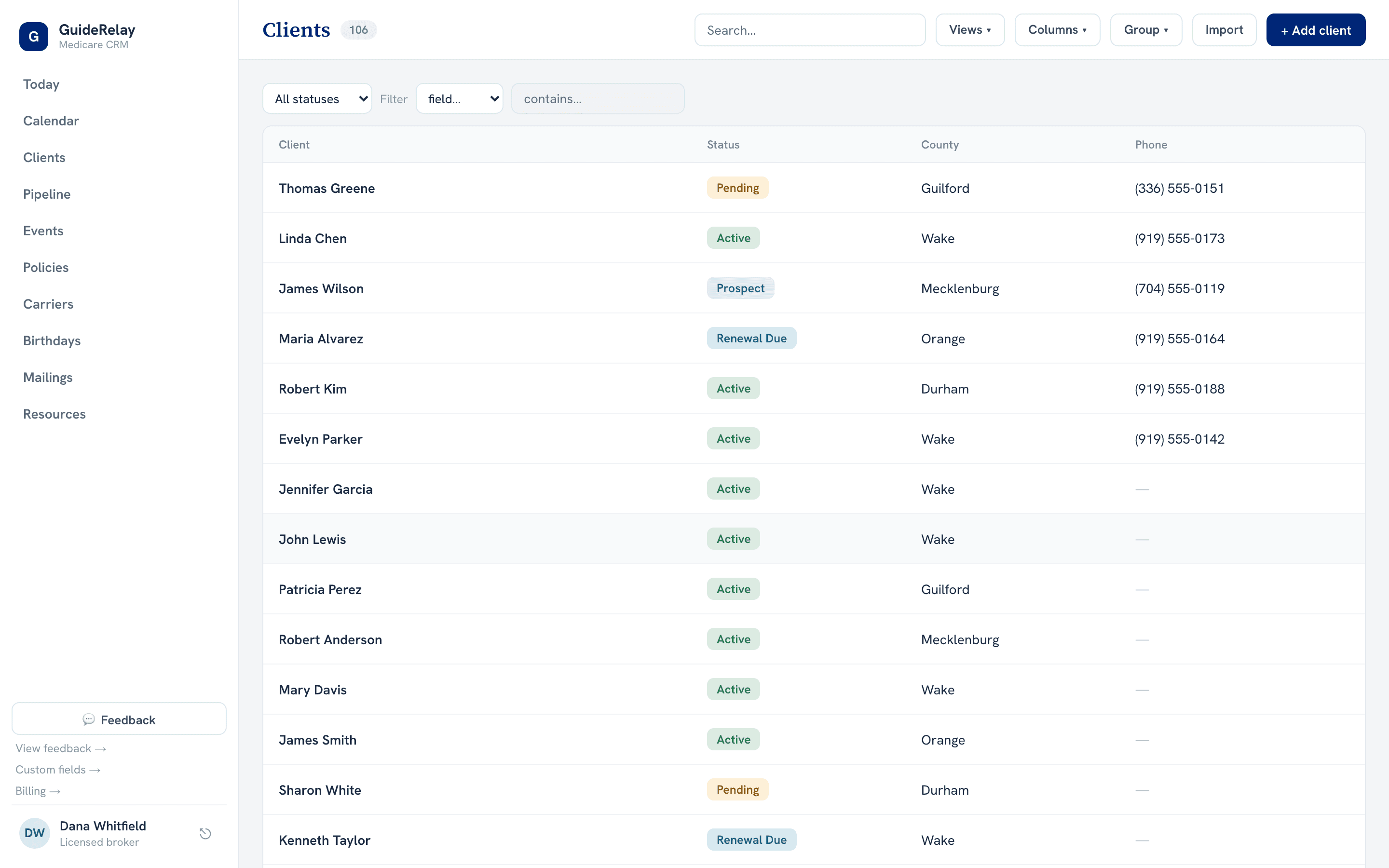 GuideRelay clients grid with search, columns, grouping, filters and status pills for each client.