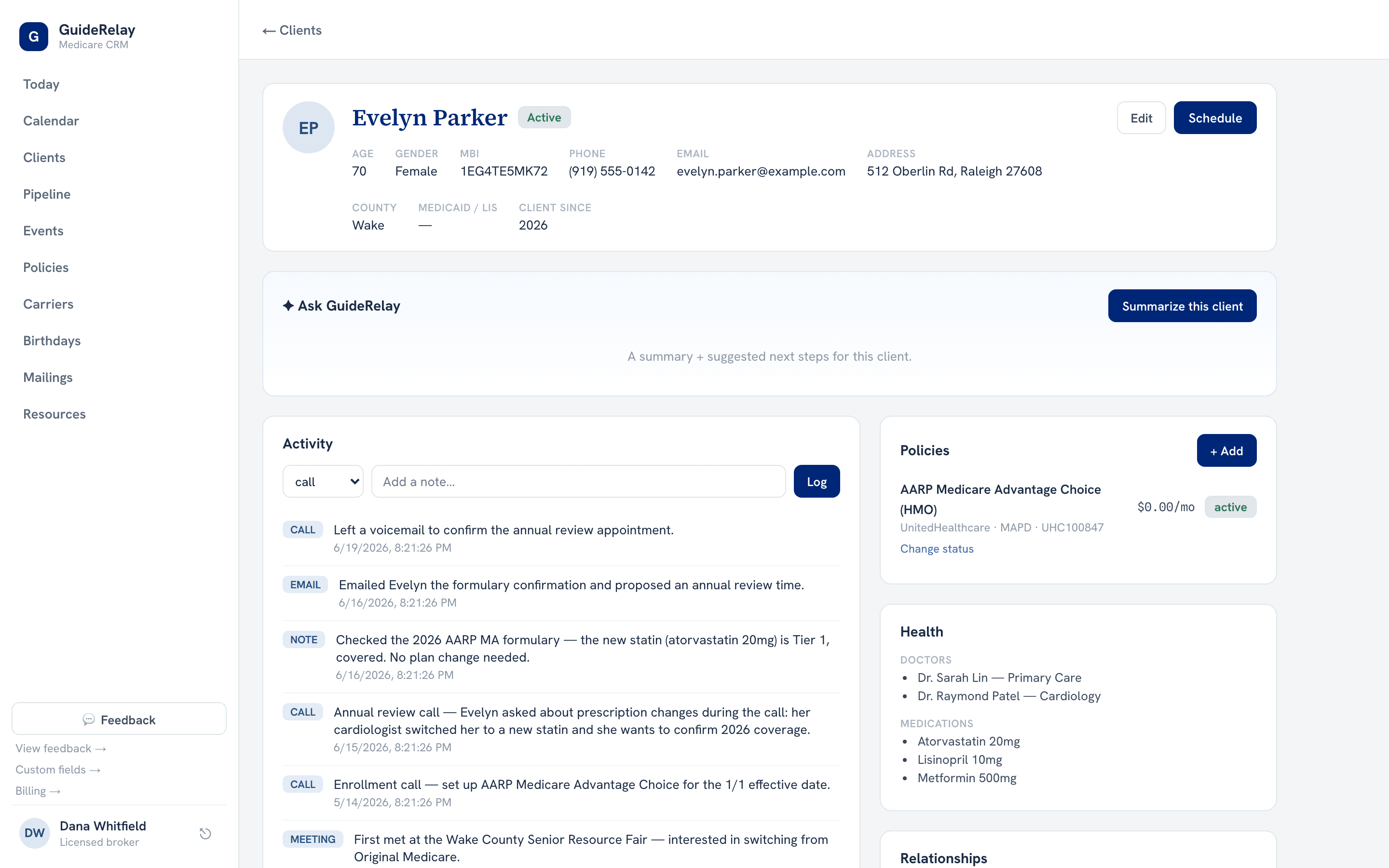 GuideRelay client record for Evelyn Parker: activity timeline of calls, emails and notes, policies, doctors, medications and relationships.