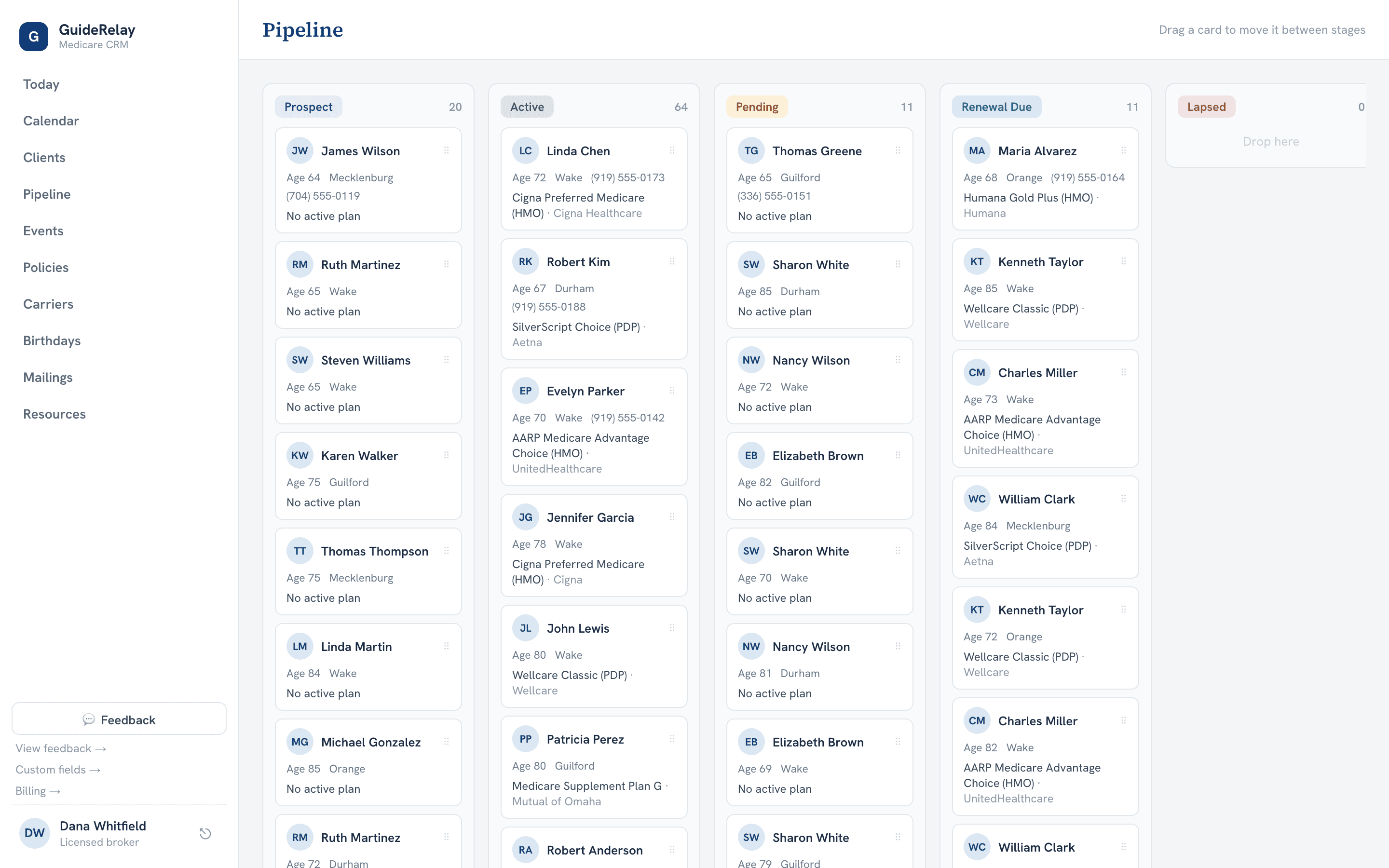 GuideRelay pipeline board with Prospect, Active, Pending, Renewal Due and Lapsed columns of draggable client cards.
