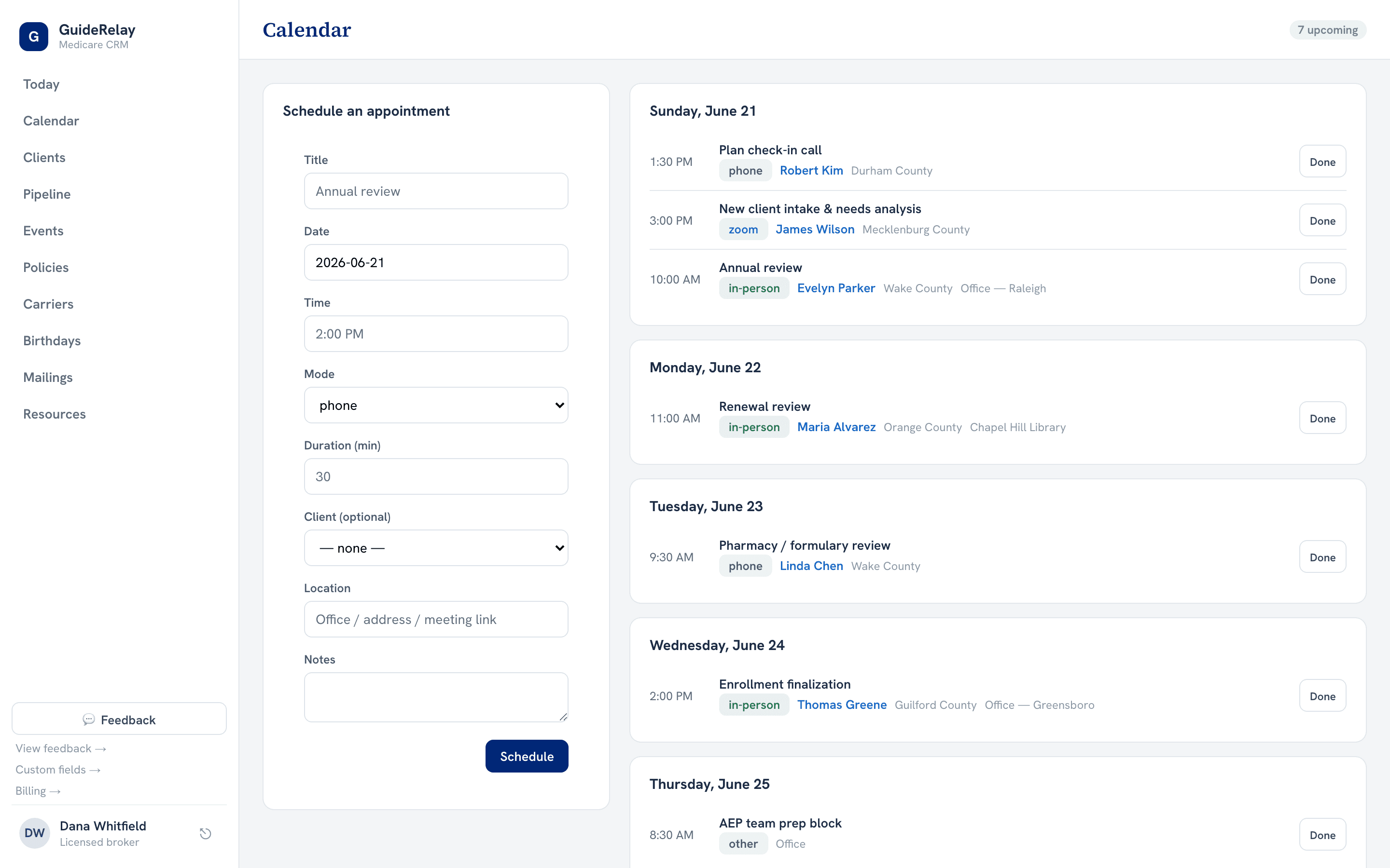 GuideRelay appointments calendar and agenda grouped by day with in-person, phone and video mode badges linked to clients.
